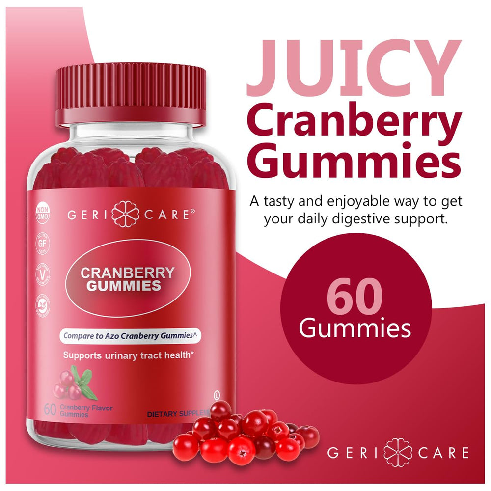 GeriCare Cranberry Gummies label indicating vegan, gluten-free, non-GMO formula.