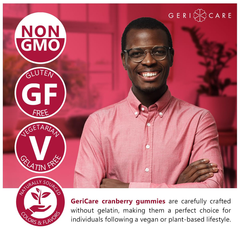 Packaging of GeriCare Cranberry Gummies shown for easy daily pairing.