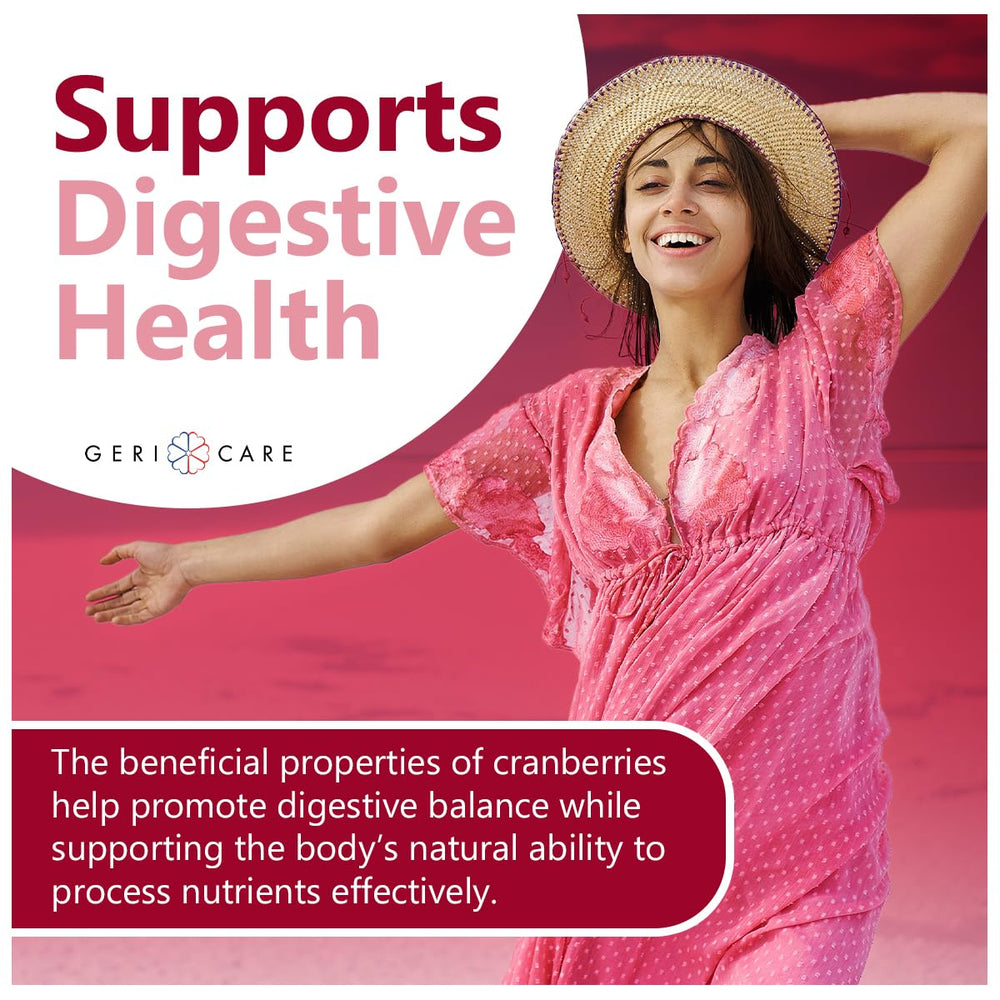 Serving shot of GeriCare Cranberry Gummies illustrating daily urinary wellness routine.
