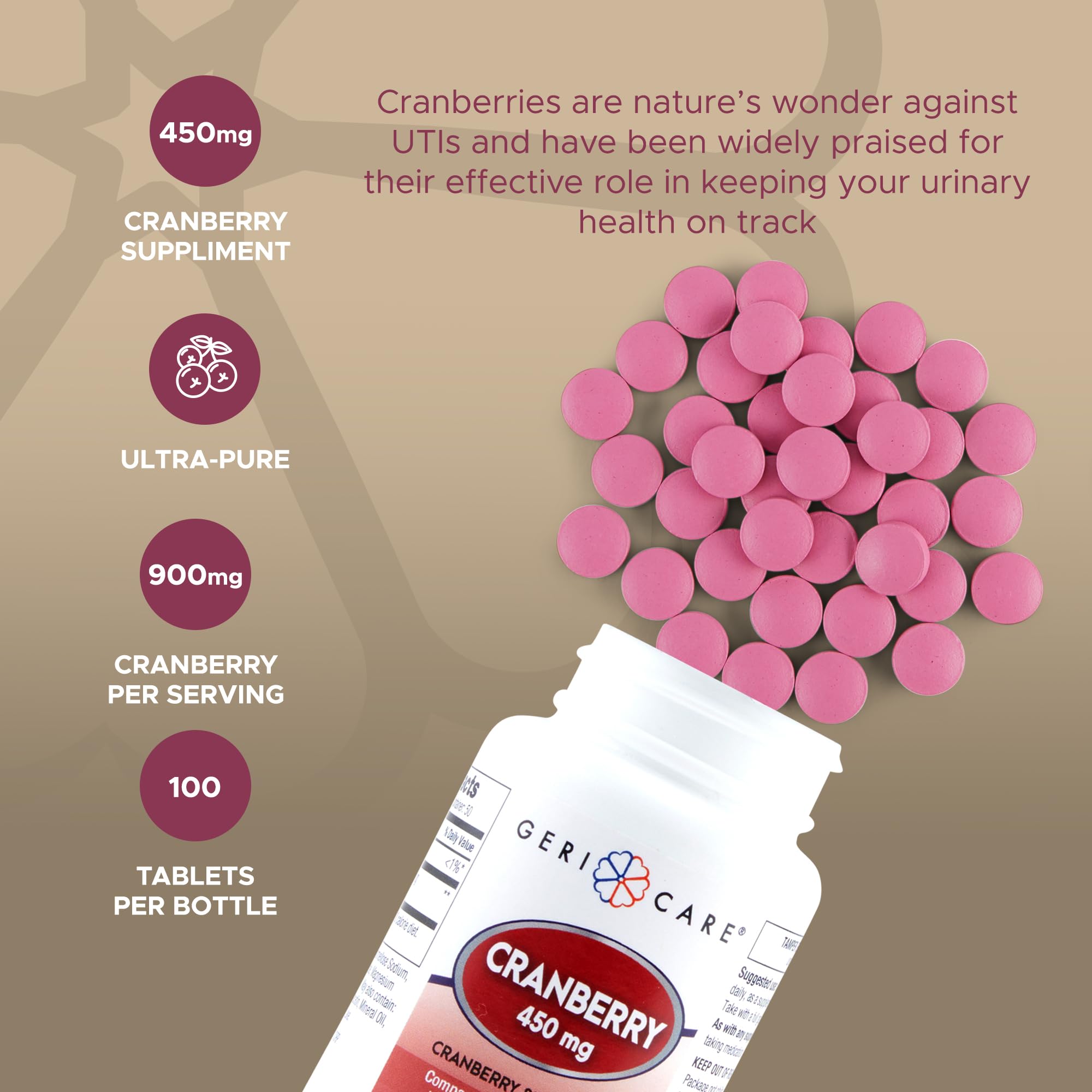 GeriCare cranberry powder close-up emphasizes ultra-pure concentrate for daily use.