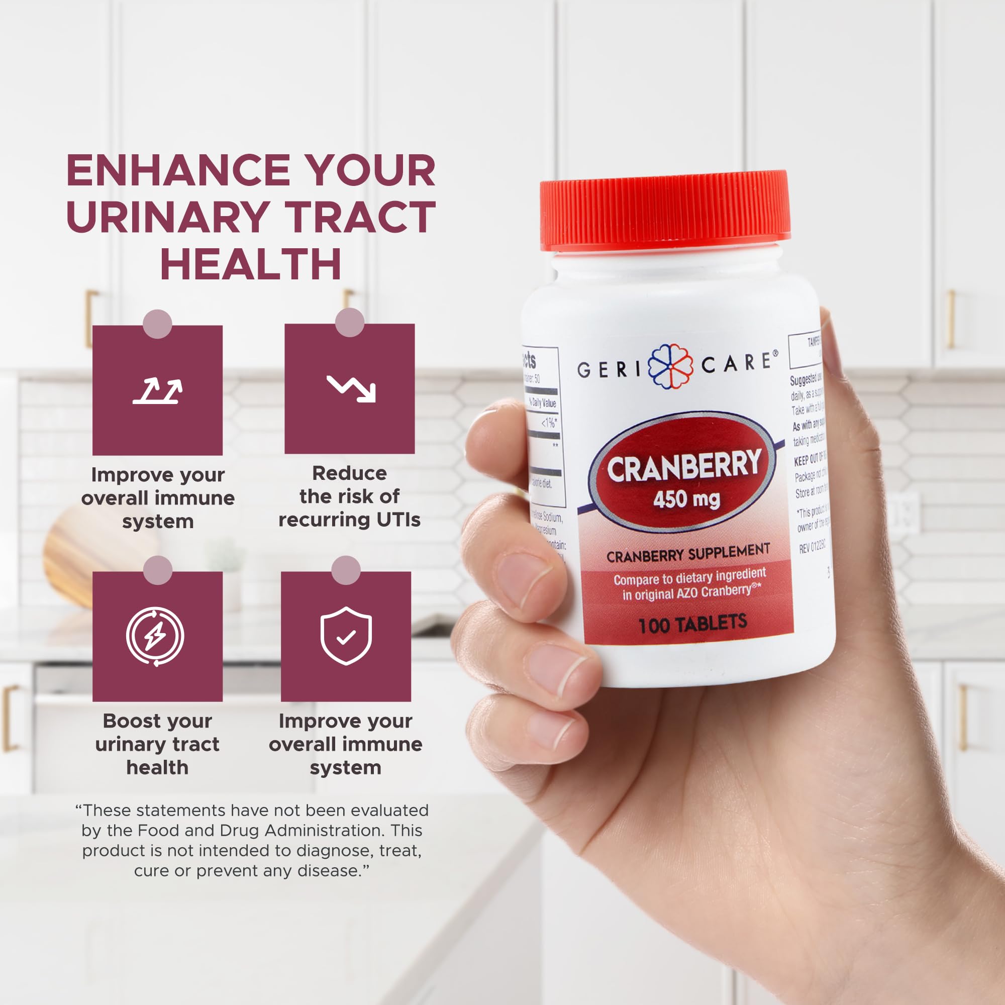GeriCare cranberry tablets being dispensed illustrates simple daily routine.