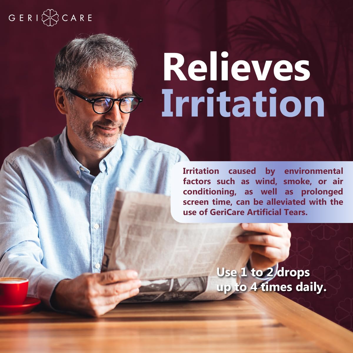 GeriCare drops dispensing close-up emphasizing precise dosing.
