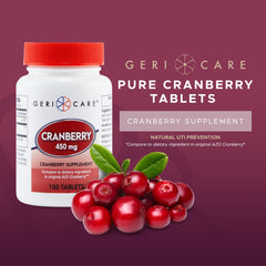 GeriCare cranberry tablets close-up shows easy-to-swallow daily use.