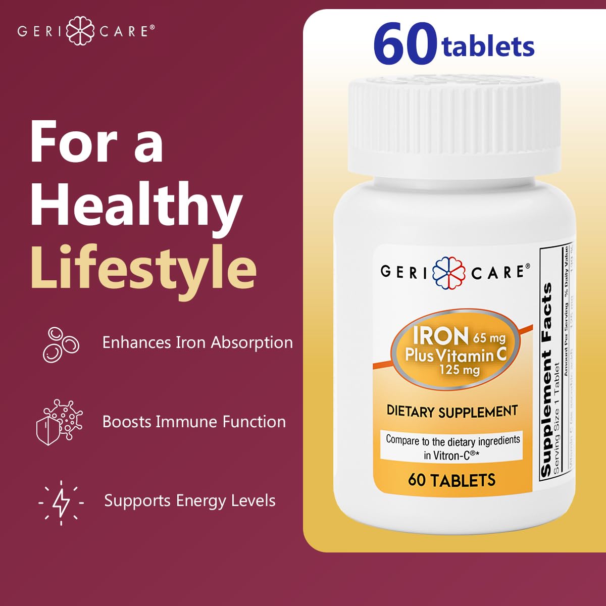 GeriCare iron tablets held in hand for easy daily supplementation.
