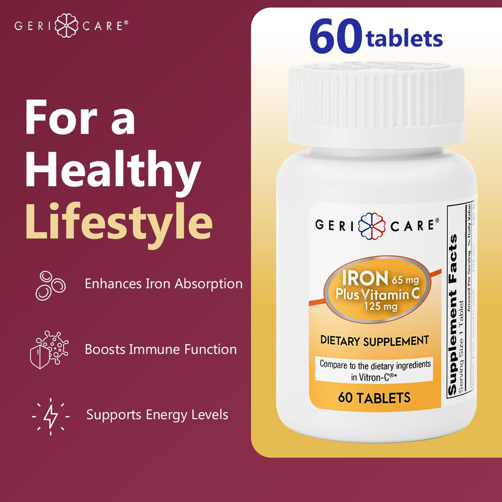 GeriCare iron tablets held in hand for easy daily supplementation.