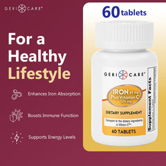 GeriCare iron tablets held in hand for easy daily supplementation.