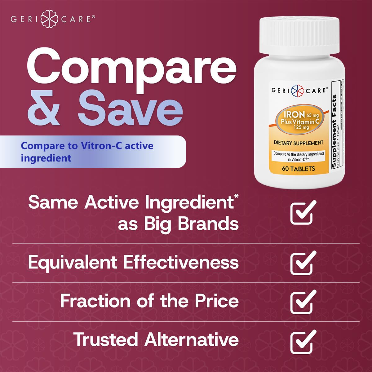 GeriCare label highlights iron content and vitamin C boost for daily support.