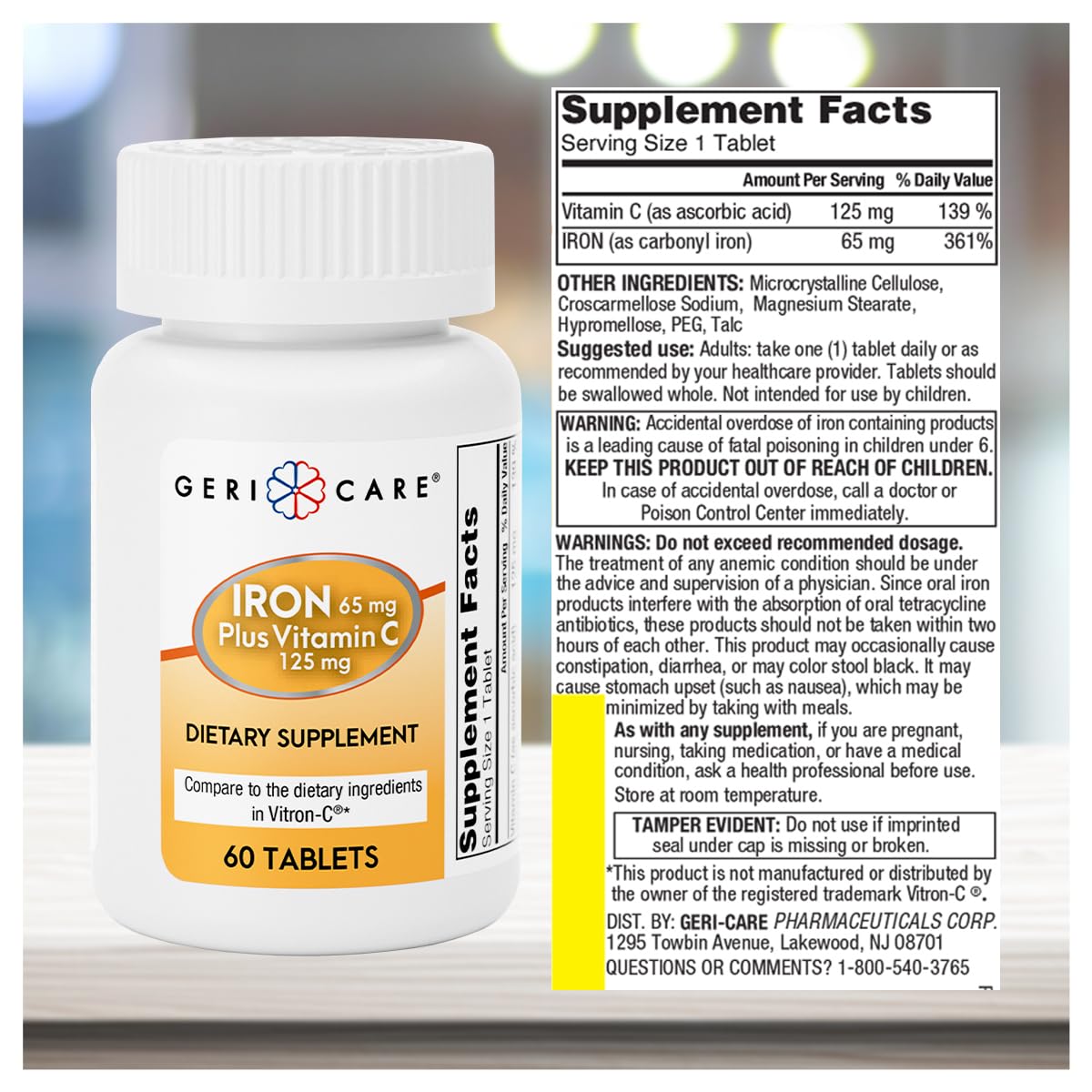 GeriCare iron bottle on shelf signals trusted everyday supplement use.