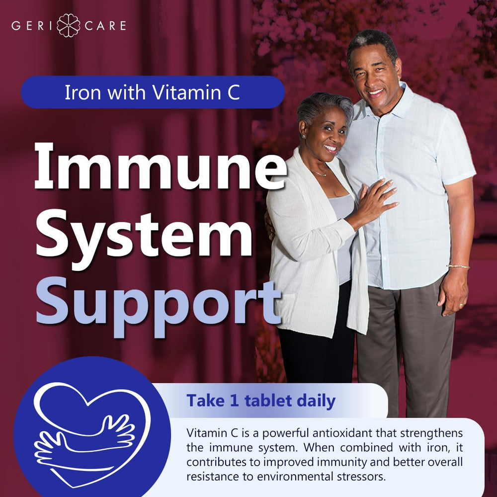 GeriCare tablets with glass of water illustrate simple daily intake.