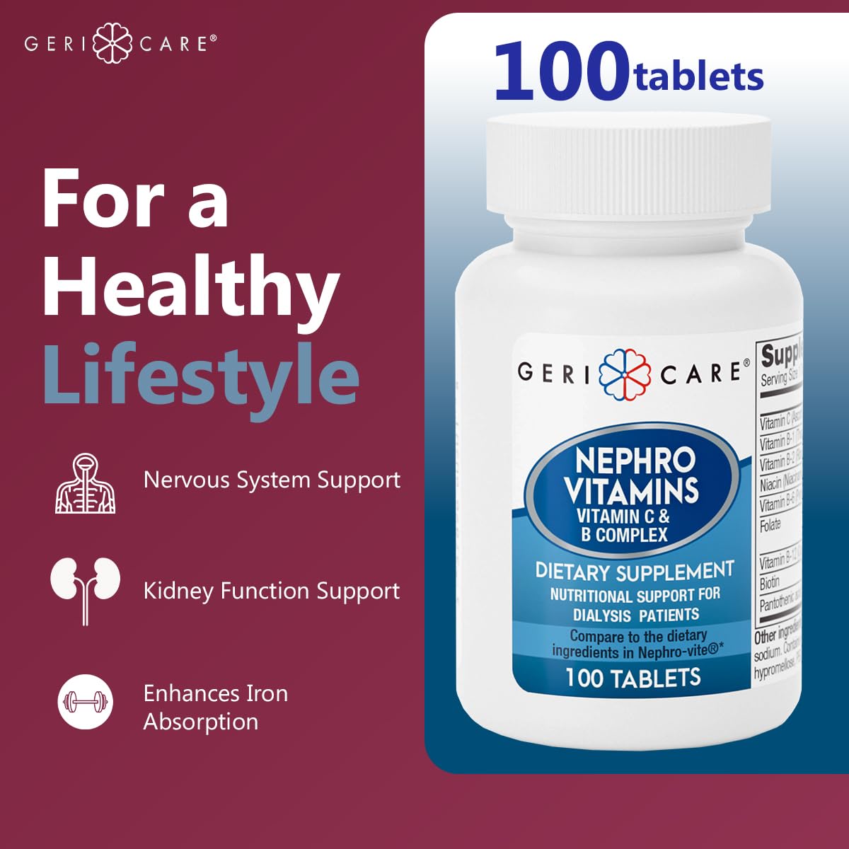 GeriCare Nephro capsules closeup highlighting vitamin C and B complex.
