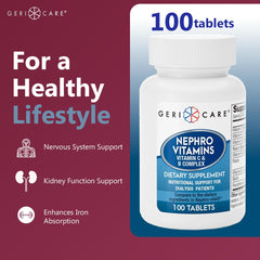 GeriCare Nephro capsules closeup highlighting vitamin C and B complex.