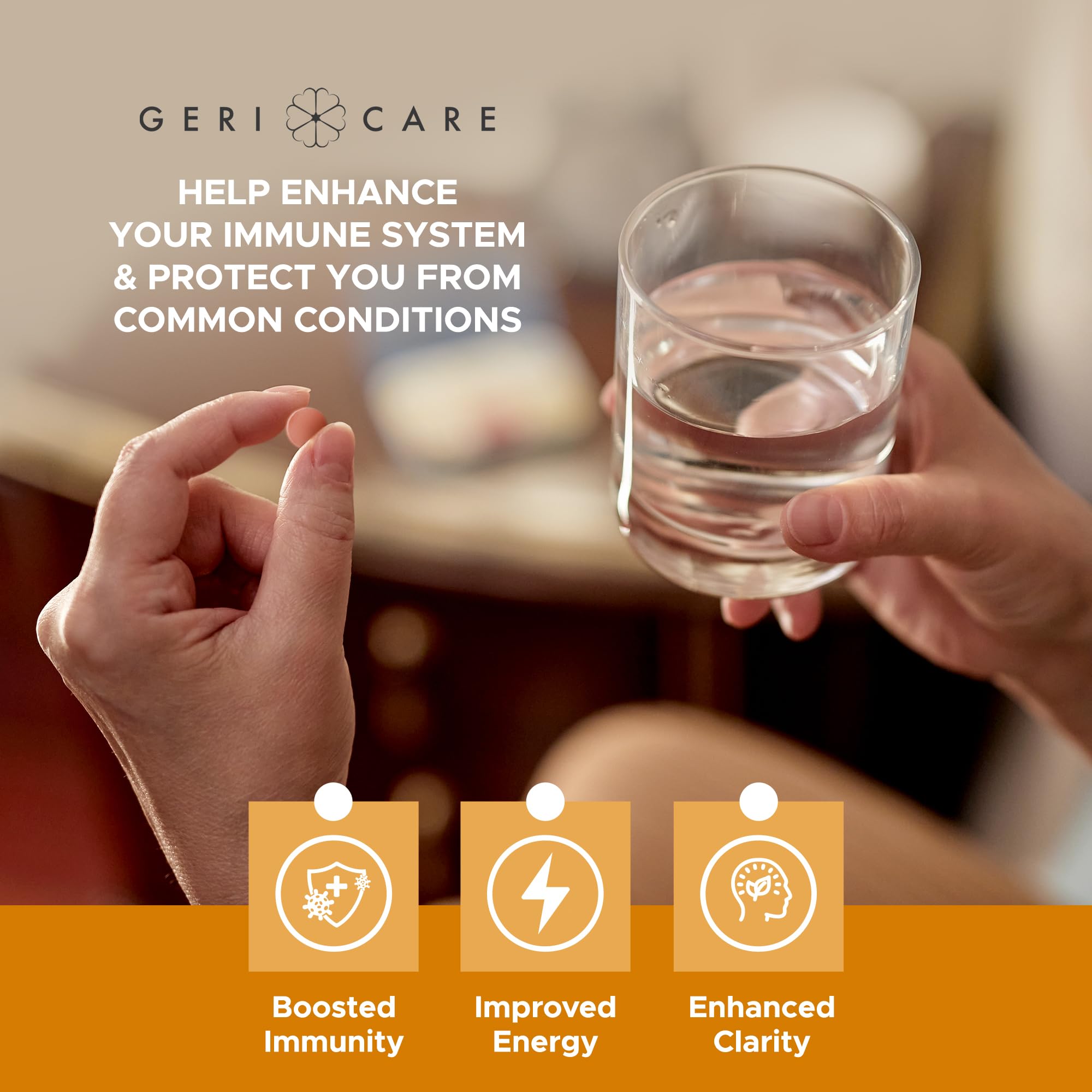 GeriCare One-Daily bone health graphic with calcium and vitamin D