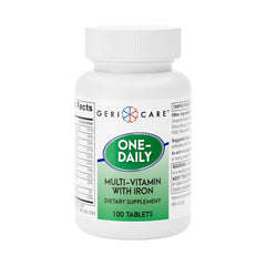 GeriCare One-Daily multivitamin with iron bottle on table supports daily vitality.