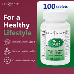 Pouring GeriCare tablets from the bottle for a convenient daily routine.