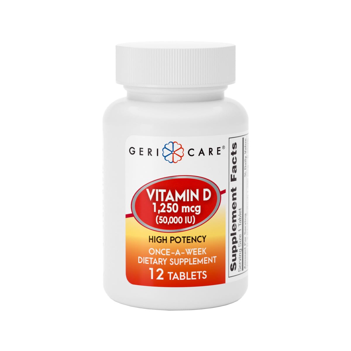 GeriCare Vitamin D weekly dose bottle highlighting high potency bone support