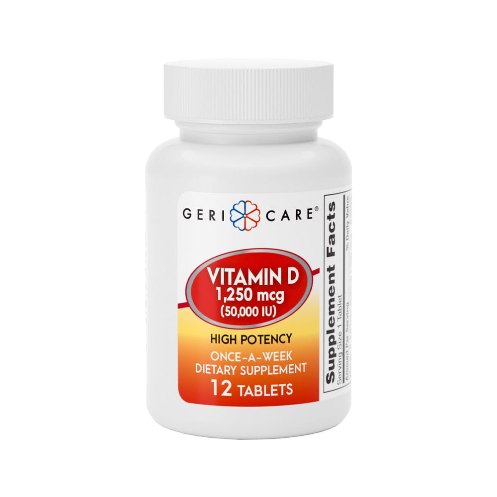 GeriCare Vitamin D weekly dose bottle highlighting high potency bone support