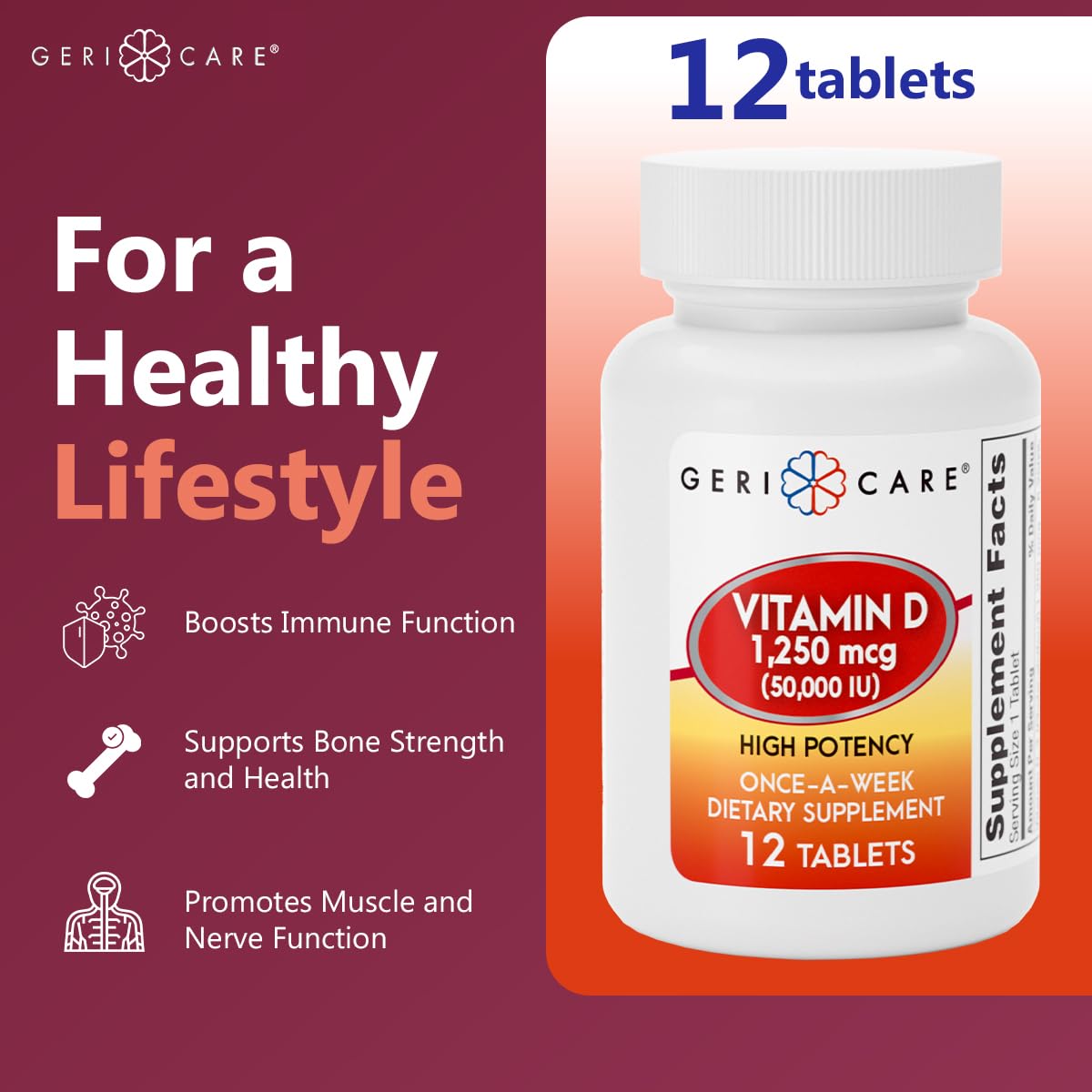 GeriCare Vitamin D 50,000 IU tablet close-up emphasizing potency