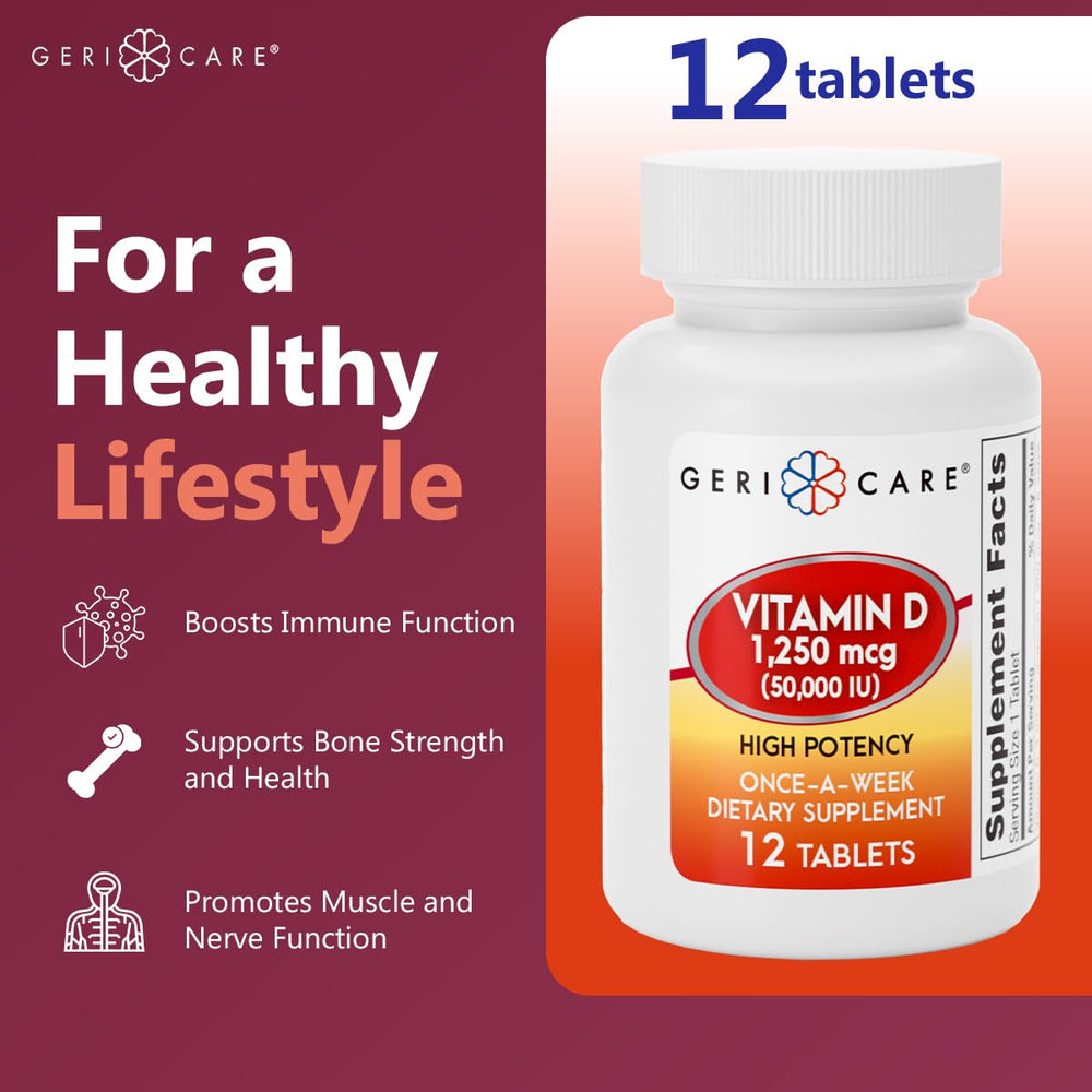 GeriCare Vitamin D 50,000 IU tablet close-up emphasizing potency