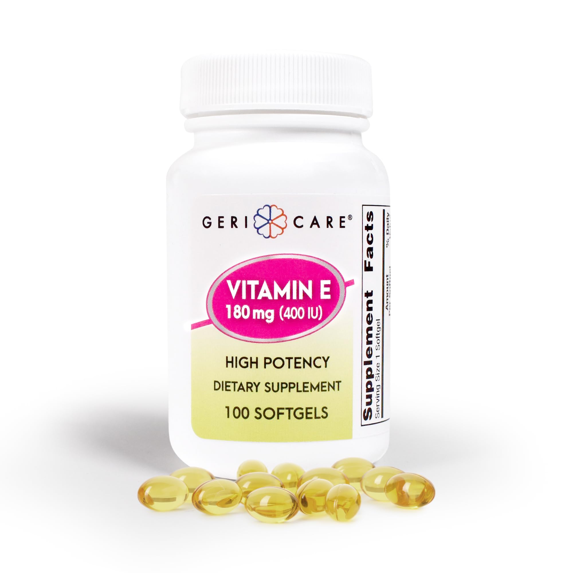 GeriCare Vitamin E bottle pour shows simple daily use for wellness