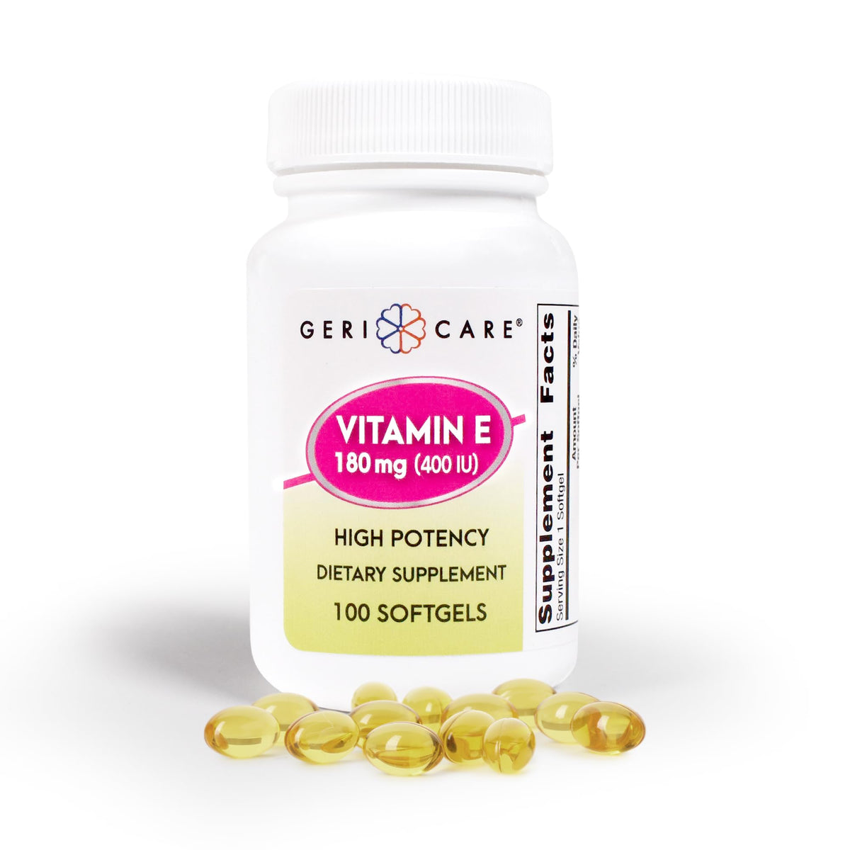 GeriCare Vitamin E bottle pour shows simple daily use for wellness