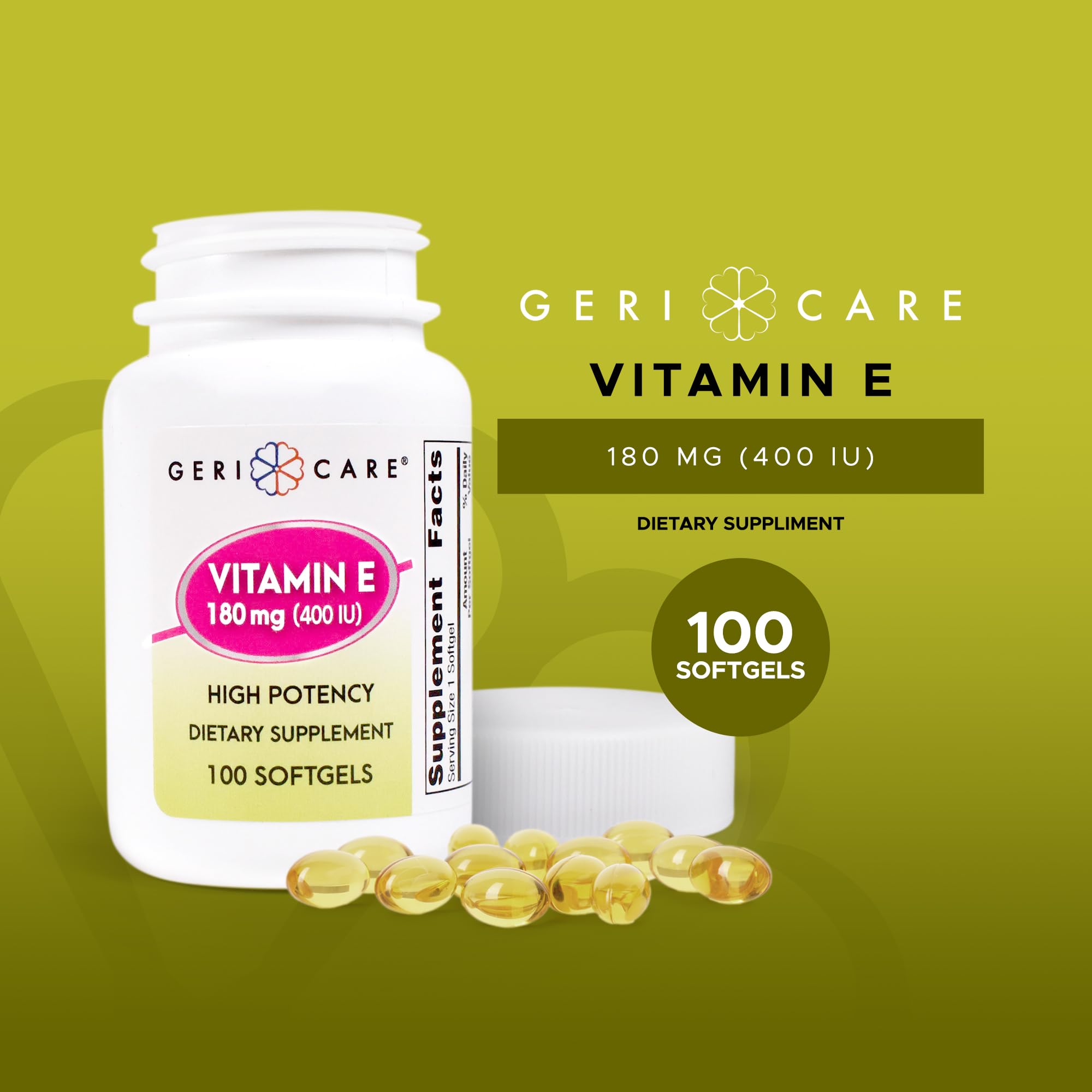 GeriCare Vitamin E capsules close-up highlights small, easy-to-swallow softgels