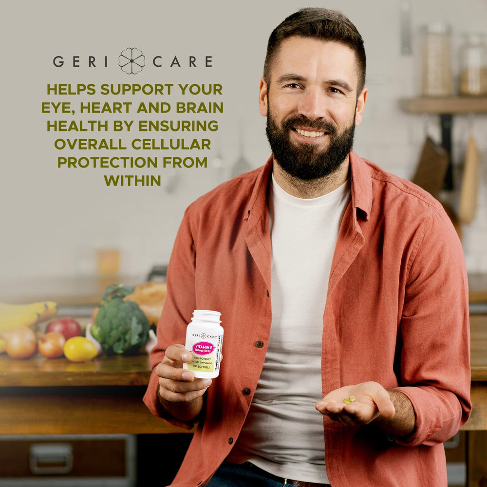 GeriCare Vitamin E daily dosage graphic illustrates a simple one-per-day regimen