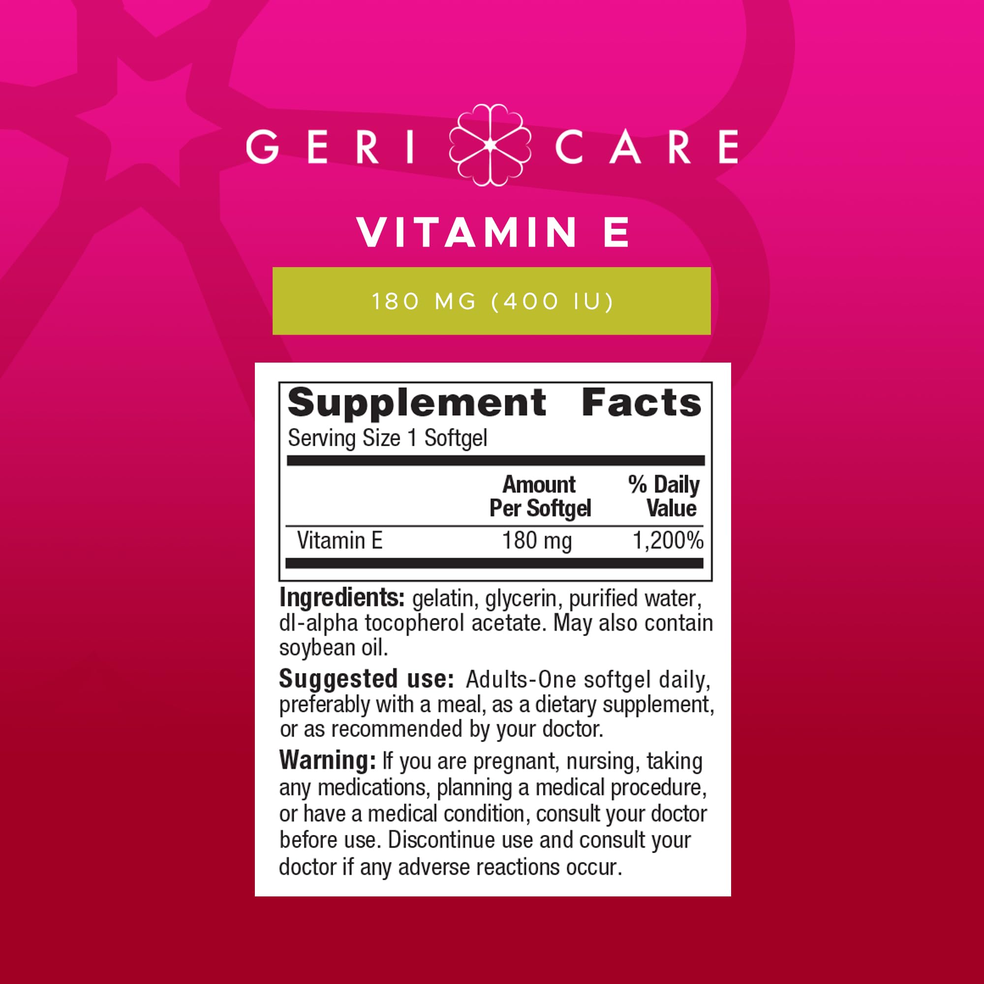 GeriCare Vitamin E immune support label hints at overall wellness potential