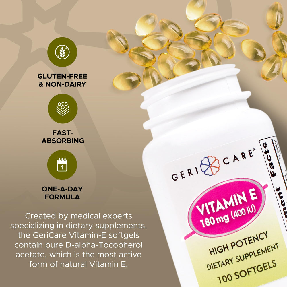 GeriCare Vitamin E label packaging emphasizes gluten-free and dairy-free features