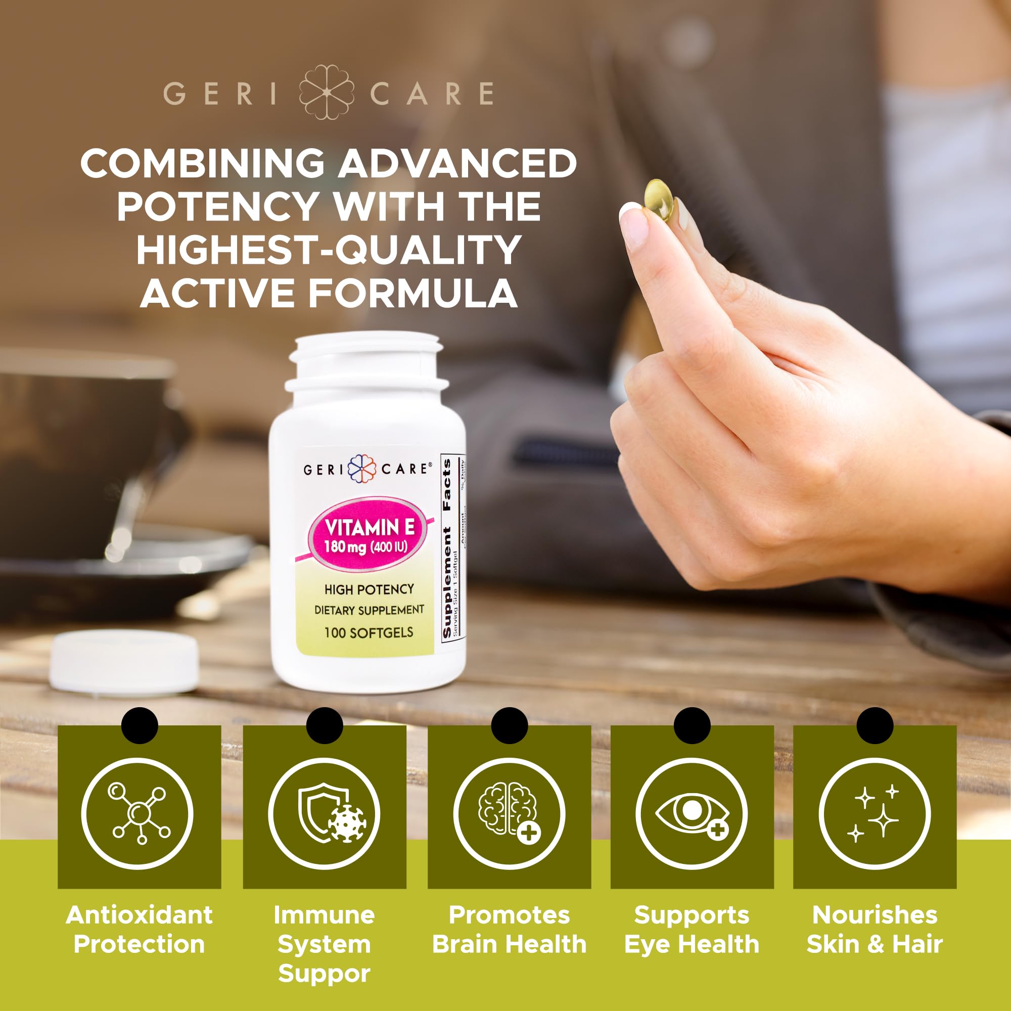 GeriCare Vitamin E softgels provide a compact daily supplement option