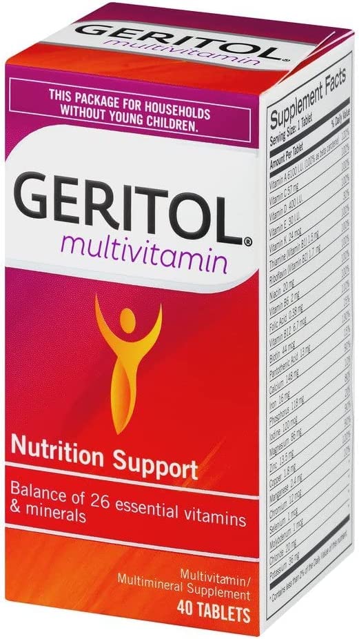 Geritol Complete pill closeup emphasizes tablet size and vitamin balance