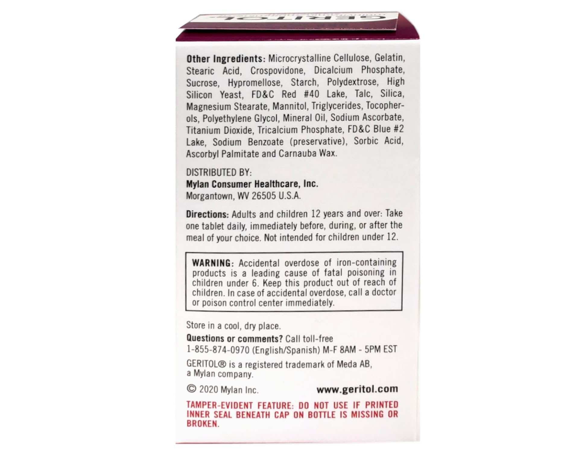 Geritol Complete tablets being dispensed for easy daily use.