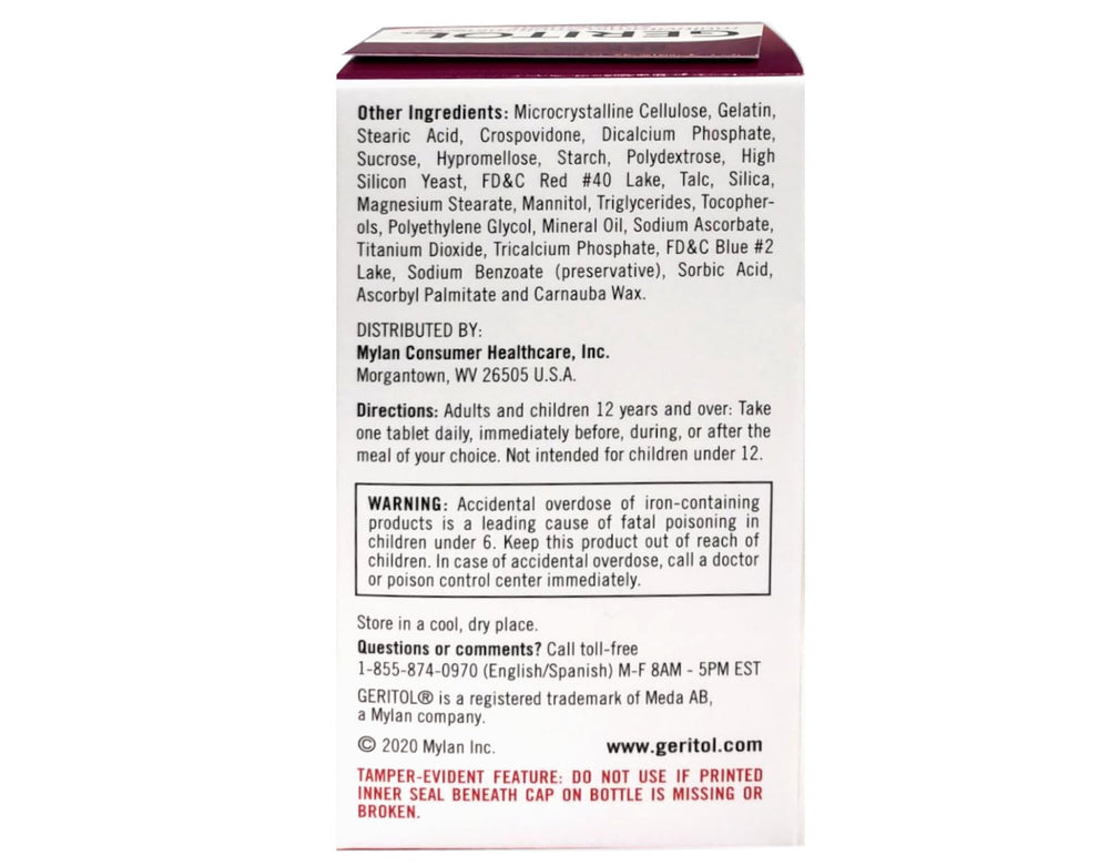 Geritol Complete tablets being dispensed for easy daily use.