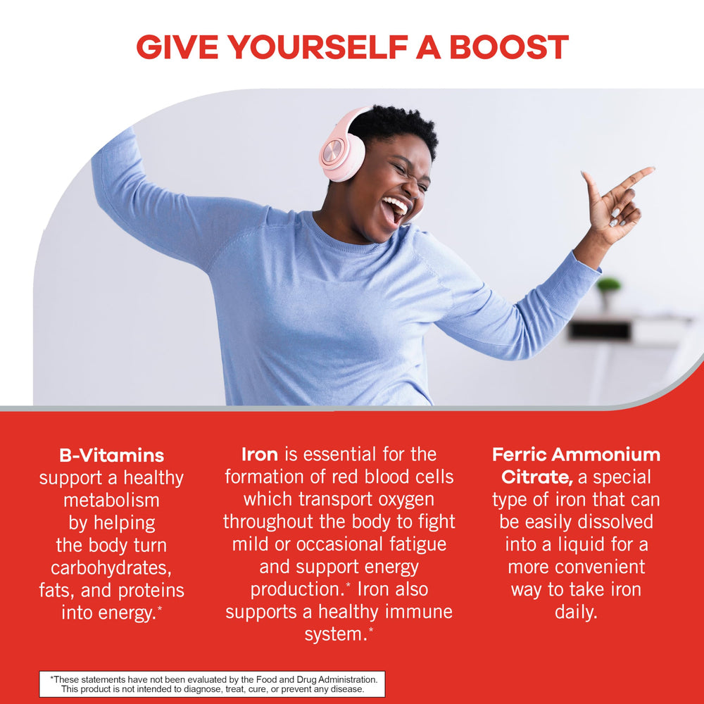Geritol high-potency B vitamins and iron support metabolism and oxygen transport.