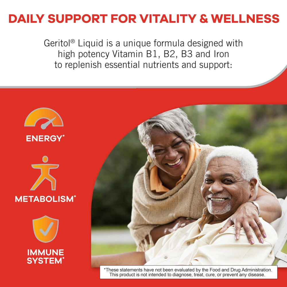 Geritol liquid label closeup highlights high potency B vitamins and iron.