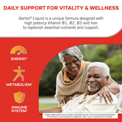 Geritol liquid label closeup highlights high potency B vitamins and iron.