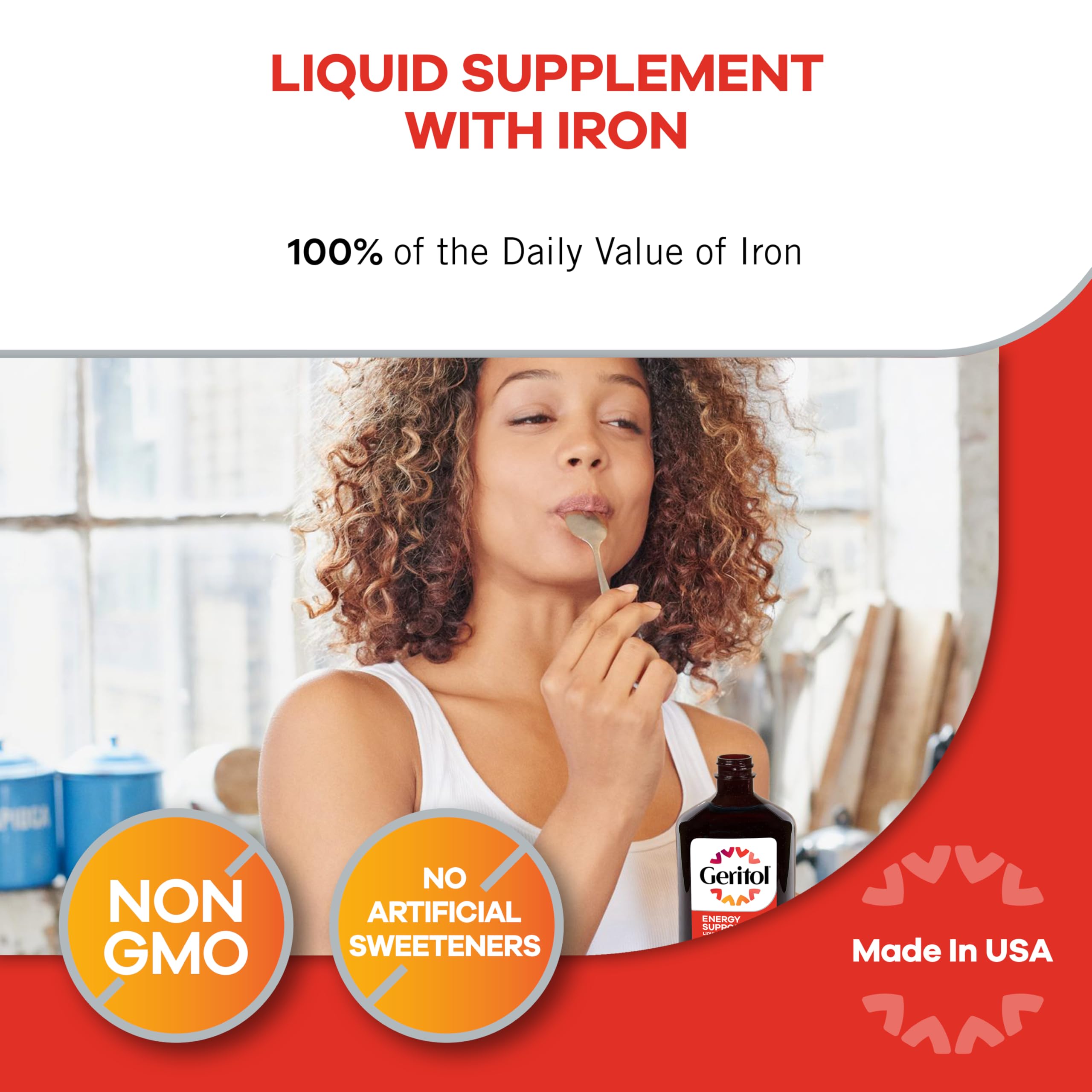 Geritol Liquid Measure spoon shows easy 1 tablespoon dosing.