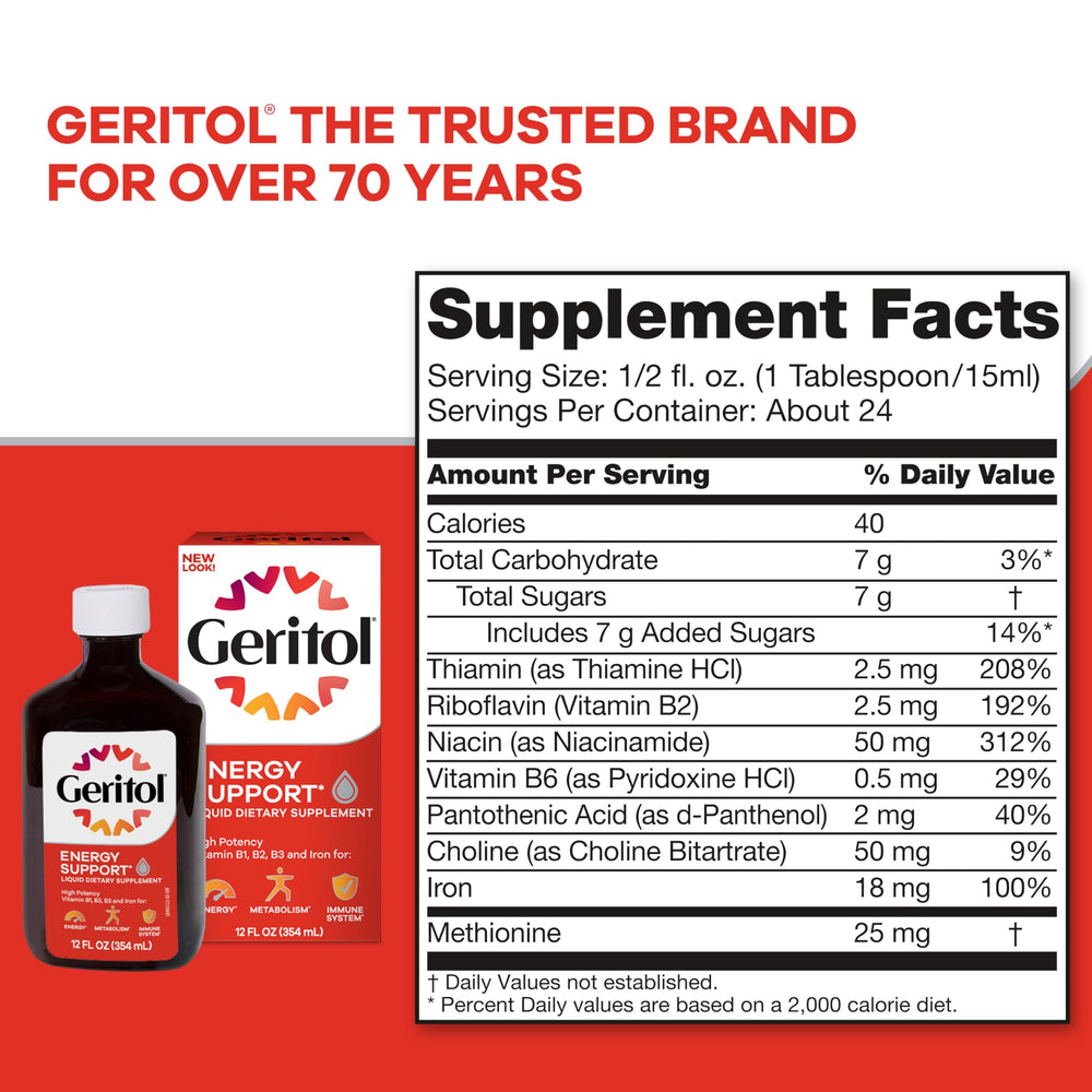 Geritol Liquid Non-GMO bottle with no artificial sweeteners.