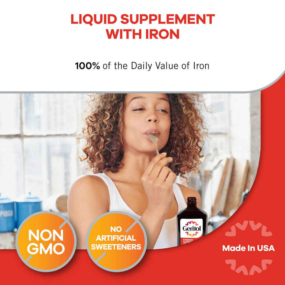 Geritol measuring spoon shows one tablespoon daily after a meal for dosage.