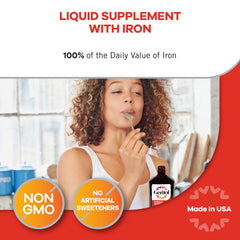 Geritol measuring spoon shows one tablespoon daily after a meal for dosage.