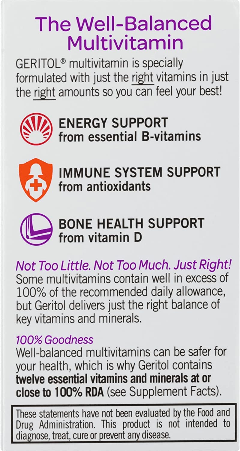 Geritol Multivitamin 100-tab label close-up emphasizing 26 essential nutrients