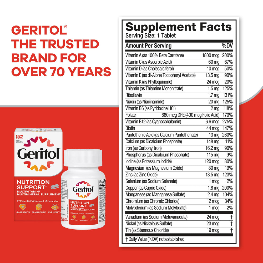 Geritol packaging scene with bottle and cup.