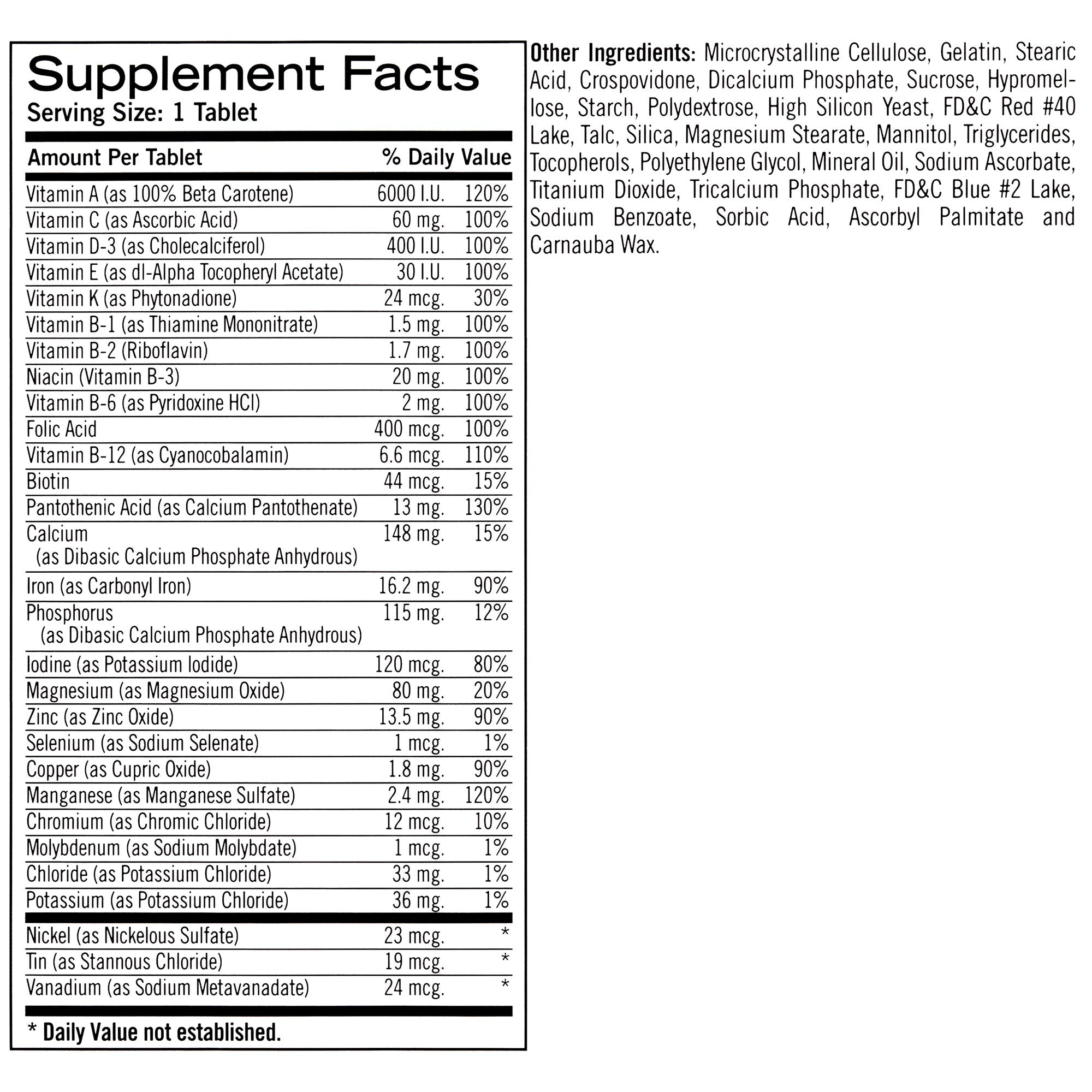 Geritol multivitamin tablets close up featuring 26 nutrients for daily nutrition