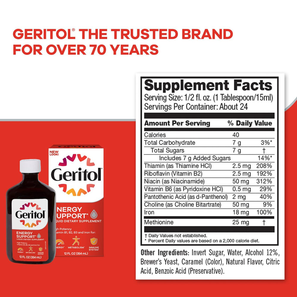 Geritol non-GMO badge emphasizes no artificial sweeteners.