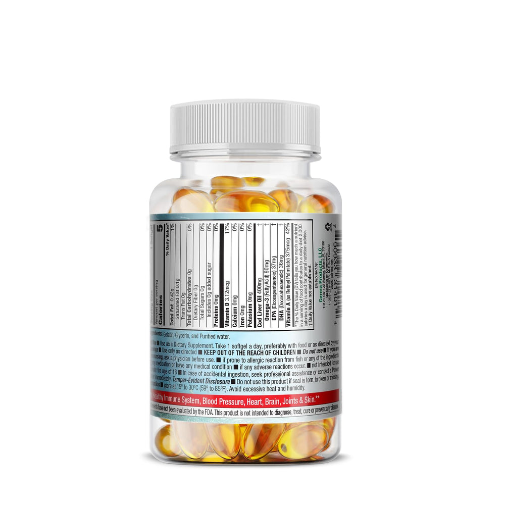Germa cod liver oil softgels, easy to take with meals for immune and bone support