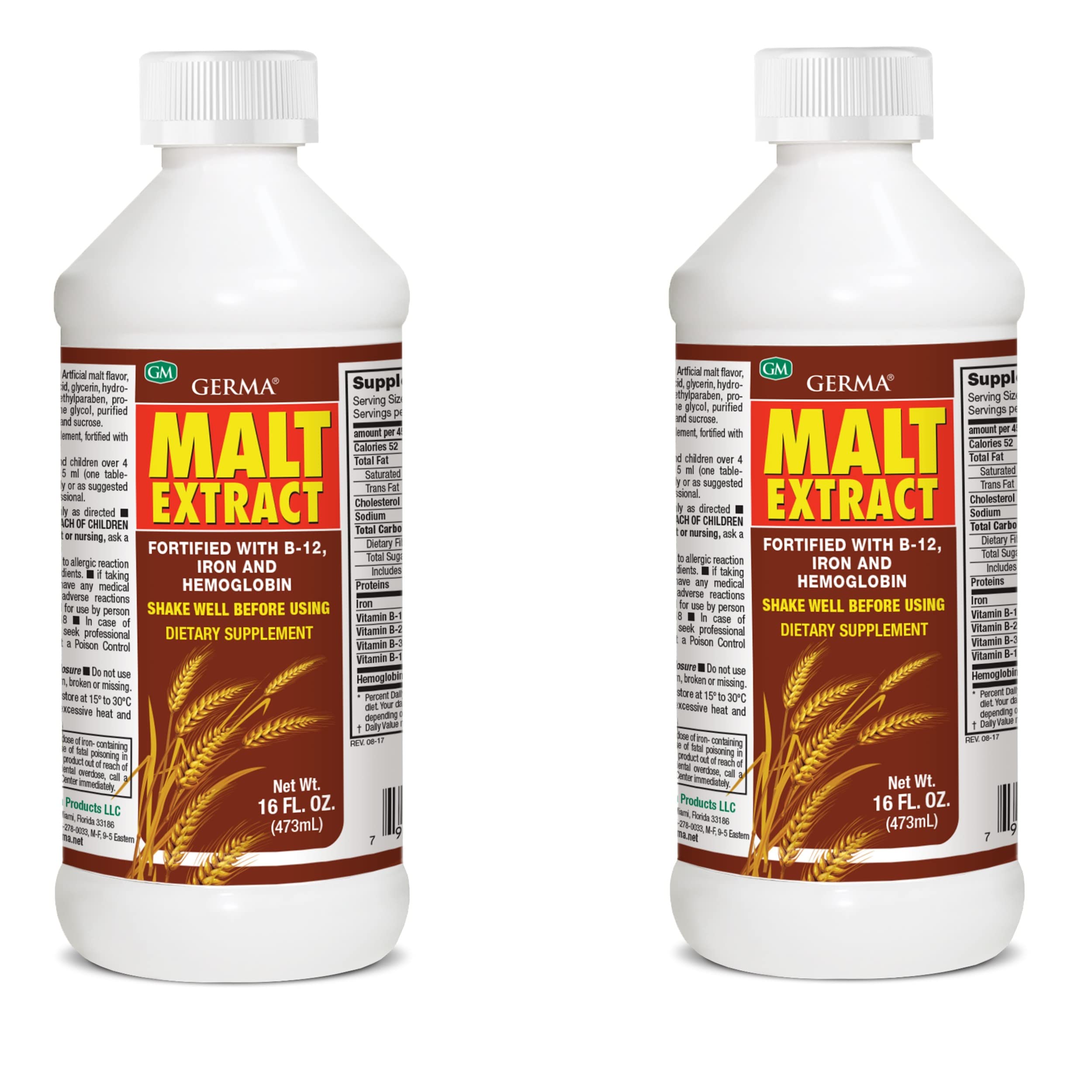 Germa Malt Extract 16oz bottle highlighting B-12 and iron fortification for energy support