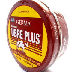 Germa Manteca Ubre Plus ointment tin being applied for localized temporary relief.