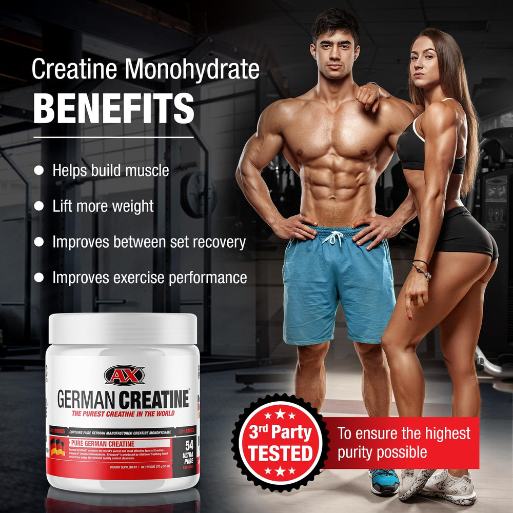 German Creatine 3rd-party tested label demonstrating purity during training.