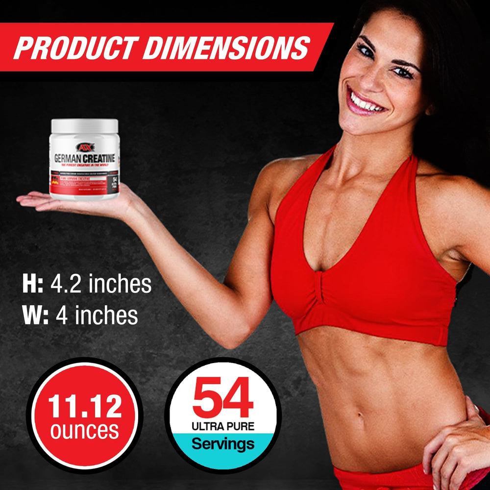 German Creatine bottle closeup emphasizing pure micronized formula for deep muscle activation.