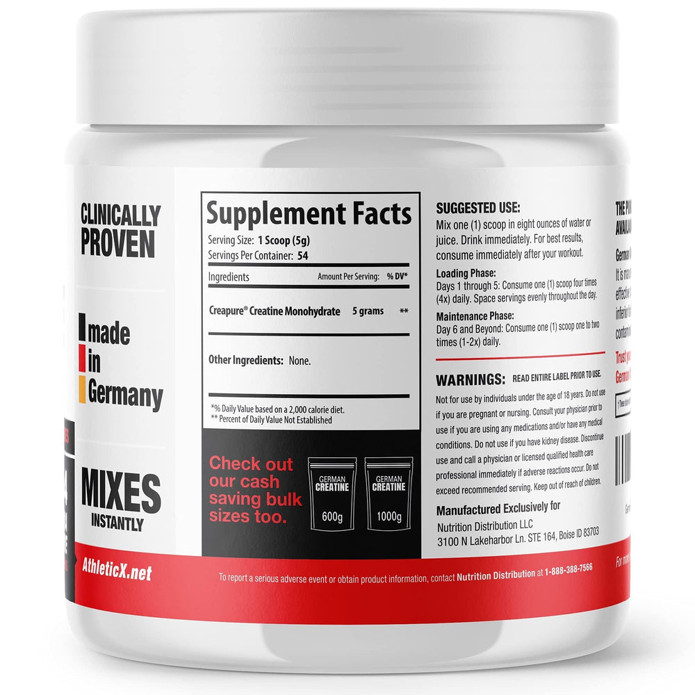 German Creatine ingredient panel with clean unflavored formula for versatile stacking.