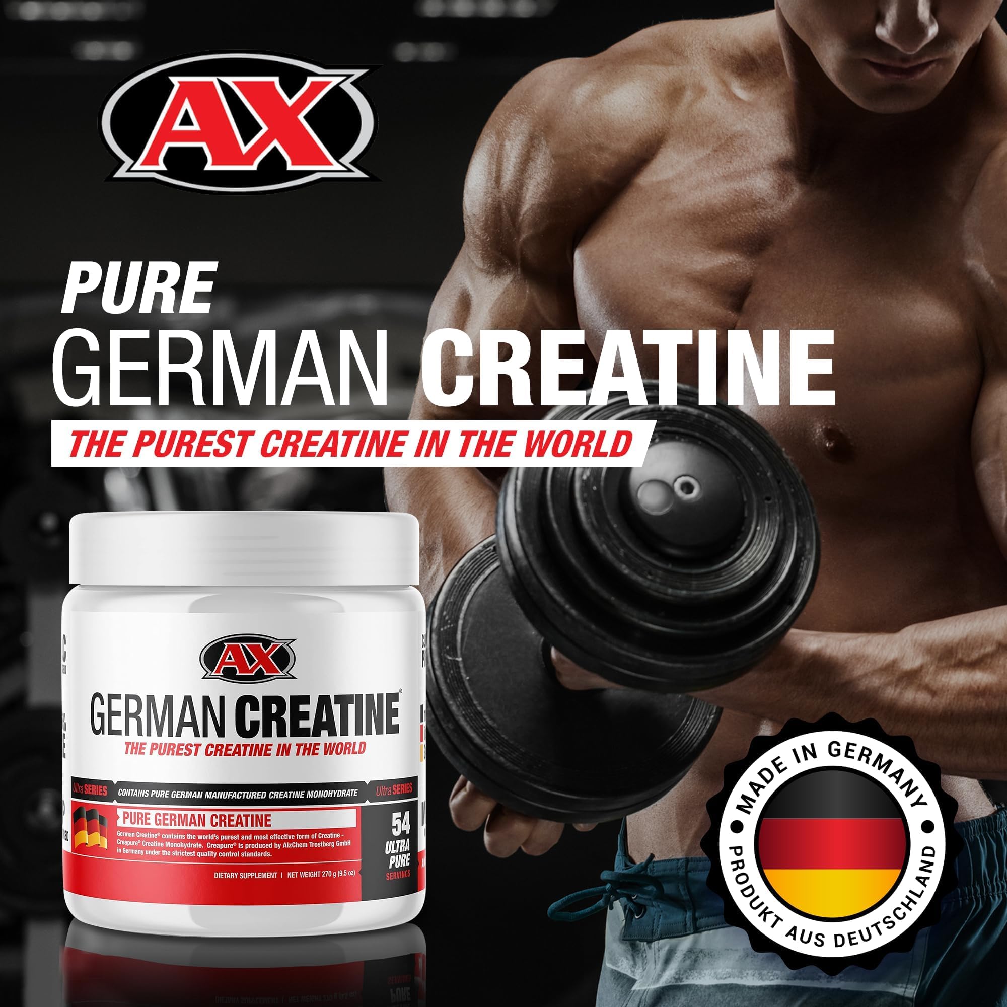 German Creatine powder mixed in glass illustrating quick dissolving texture for workouts.